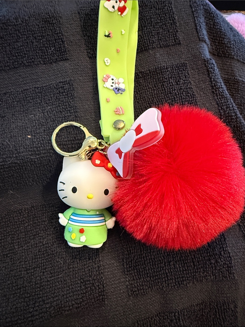 Hello Kitty Red Pom Pom Keychain with Lime Green Strap